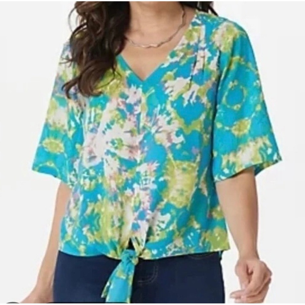 Belle by Kim Gravel Womens Blue Green Tie Dye V-Neck Tie Front Blouse Large
